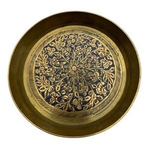 Vintage Brass Decorative Tray – 5” Floral‎ Design with Blue & Red Enamel Inlay